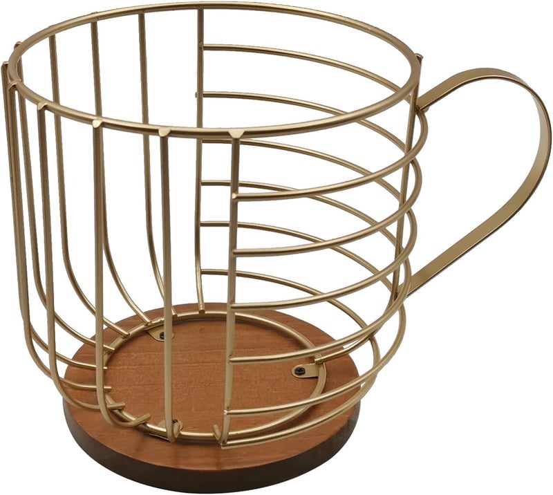 MFBJXC Large Capacity Wire Kup Storage with Wooden Base, Mug Shape Wire Storage Basket for Home Cafe Bar Countertop Kitchen Decor Storage Accessories Gold - Image 1